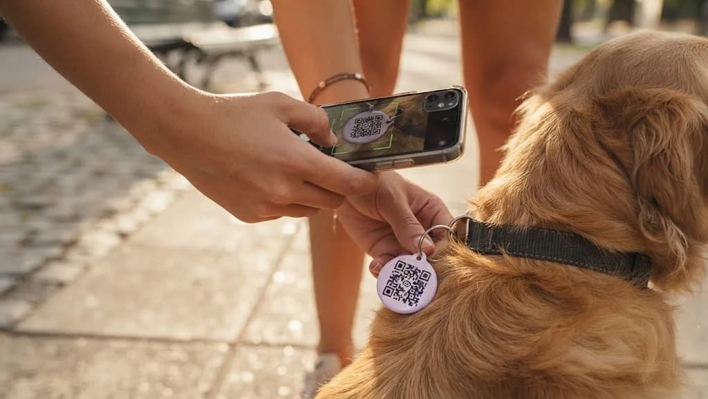 Una persona escanea con la cámara del celular el QR de la chapita que lleva un perro en el collar
