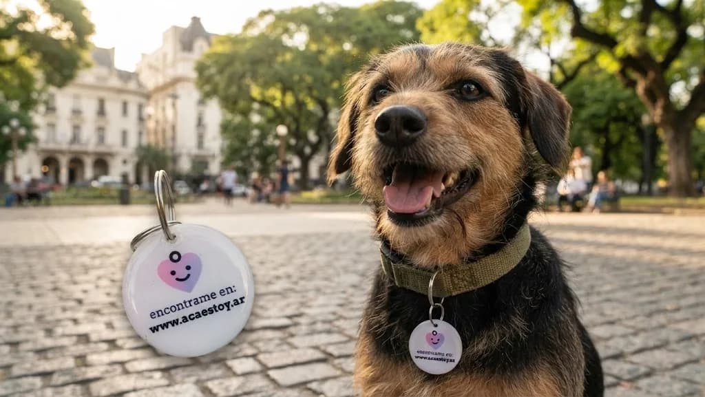 Un perro sonriente en una plaza, con la chapita de Acá Estoy colgada del collar