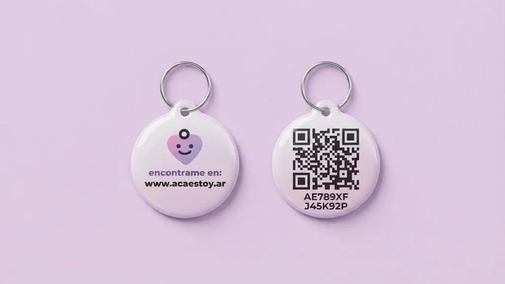 Las dos caras de la chapita: el logo con «encontrame en: www.acaestoy.ar» y el código QR